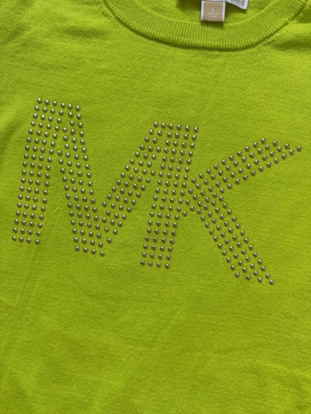 Michael Kors Neon Lime Short Sleeve Knit Top with Studded MK
